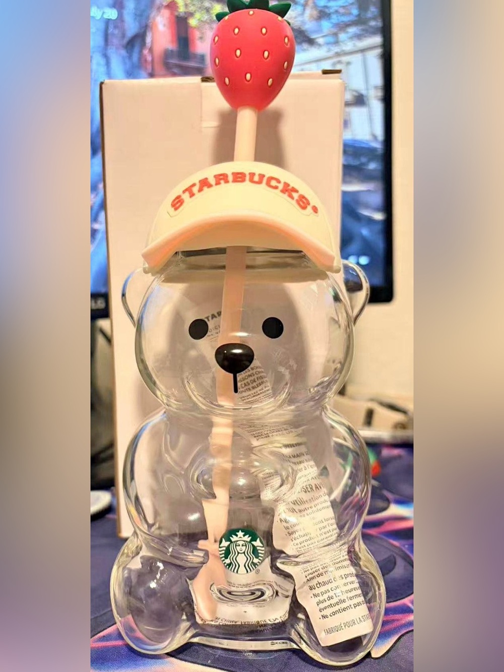 Starbucks Clear Bear Bottle with Light Pink Hat and Straw